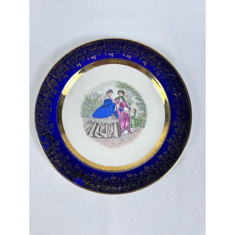 NASCO 23 Karat Gold & Navy Blue Victorian Scene Accent Plate Japan 1950s 

￼